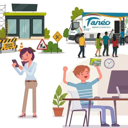 Au fond de l’image, l’agence Moselle est en travaux, tandis que l’agence mobile accueille de nombreux clients qui font la queue. Au premier plan, un usager satisfait recharge son PASS Tanéo depuis son ordinateur portable. À côté, une dame utilise son téléphone pour recharger son PASS Tanéo 