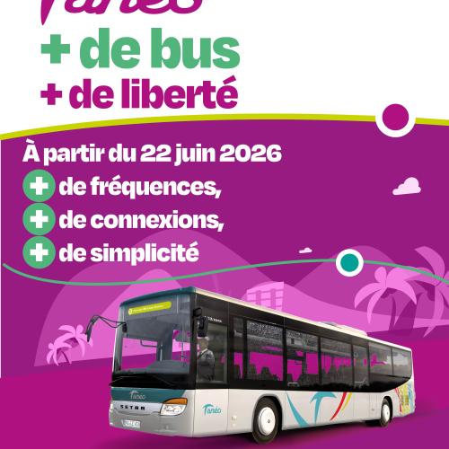 Image de bus Tanéo, avec en texte a partir du 22 juin 2026 plus de frequences, plus de connexions, plus de simplicité