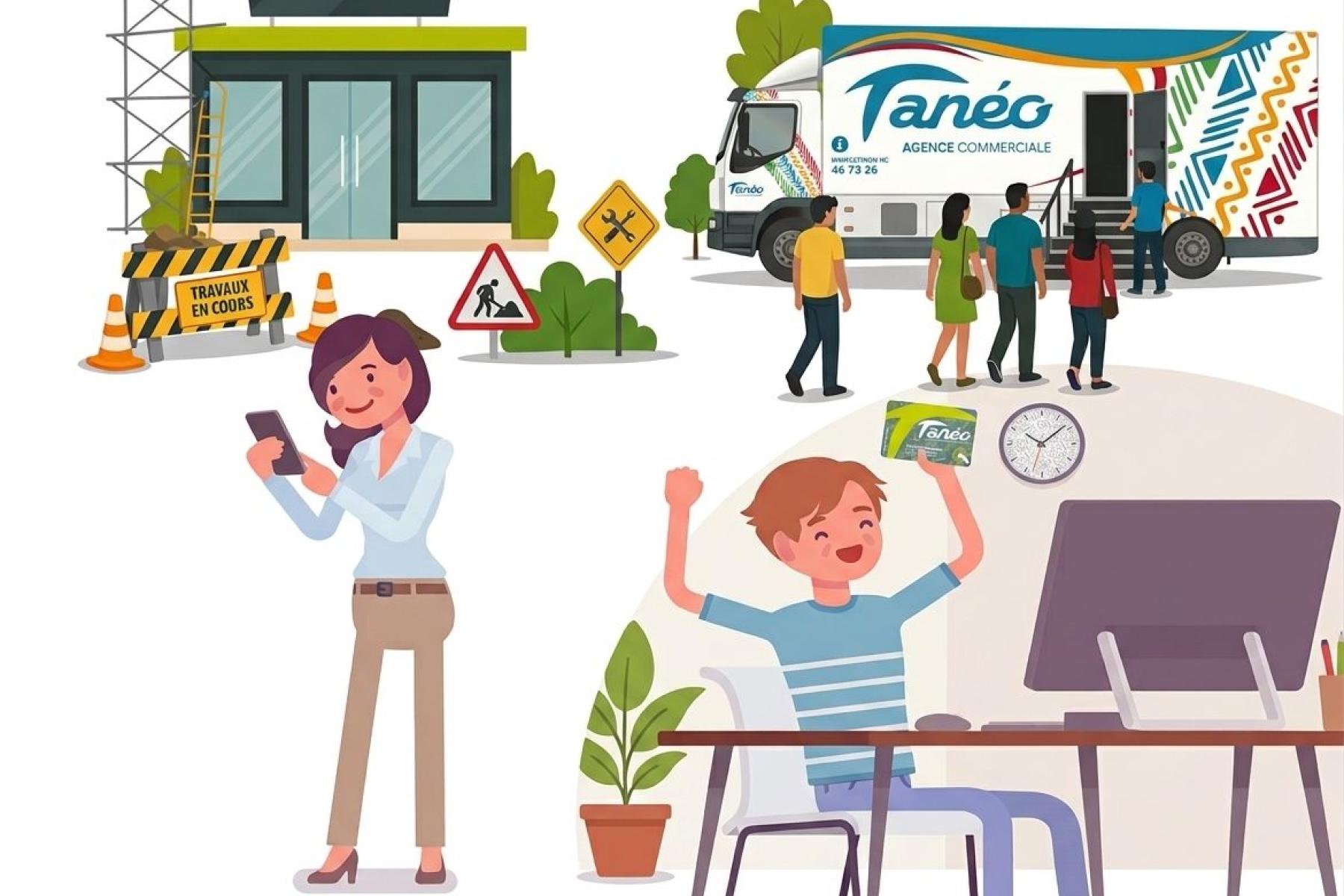 Au fond de l’image, l’agence Moselle est en travaux, tandis que l’agence mobile accueille de nombreux clients qui font la queue. Au premier plan, un usager satisfait recharge son PASS Tanéo depuis son ordinateur portable. À côté, une dame utilise son téléphone pour recharger son PASS Tanéo 