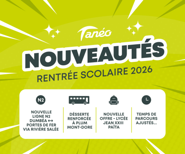 illustration des nouveautés de la rentrée scolaire 2026 4 points : nouvelle ligne N2, Desserte enforcee au Mont Dore, Nouvelle offre Paita et temps de parcours ajustés