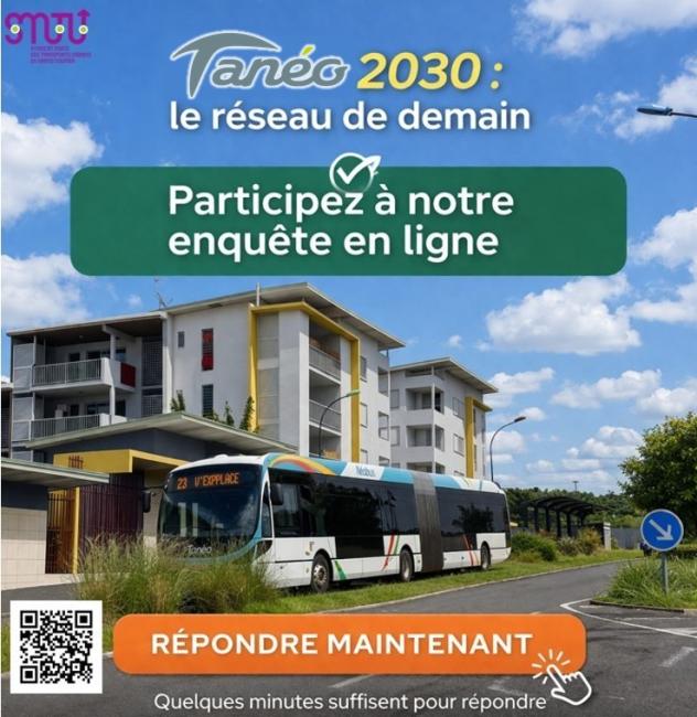 Bus Néobus passe devant des immeubles et noter sur le visuel Tanéo 2030 le reseau de demain Participez à notre enquête en ligne 