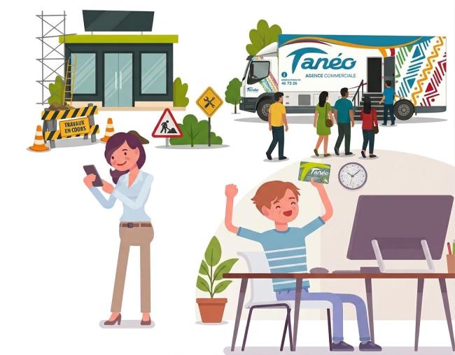 Au fond de l’image, l’agence Moselle est en travaux, tandis que l’agence mobile accueille de nombreux clients qui font la queue. Au premier plan, un usager satisfait recharge son PASS Tanéo depuis son ordinateur portable. À côté, une dame utilise son téléphone pour recharger son PASS Tanéo 