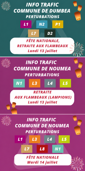 Trois visuels annonçant les perturbations du réseau Tanéo à Dumbéa et Nouméa lors de la retraite aux flambeaux et des festivités de la Fête nationale du 14 juillet.